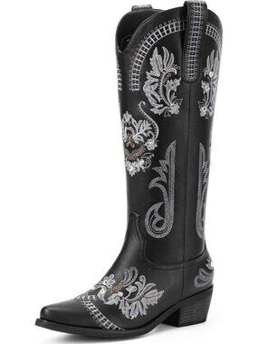 Women's Black Rubber Knee High Western Cowgirl Sparkly Rhinestone Heeled Boots